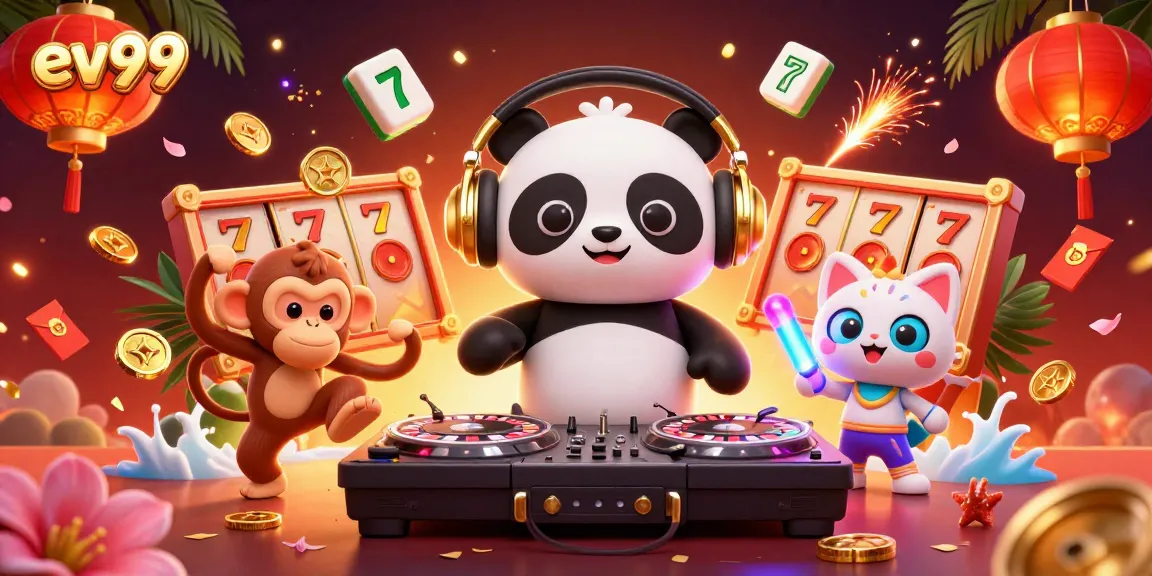 Join the fun at ev99 with a lively DJ panda, dancing monkey, and glowing kitten in a vibrant casino scene.