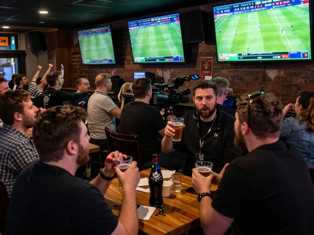 Excited fans placing bets at a sports bar, focusing on kèo nhà cái and live game updates, vibrant atmosphere.