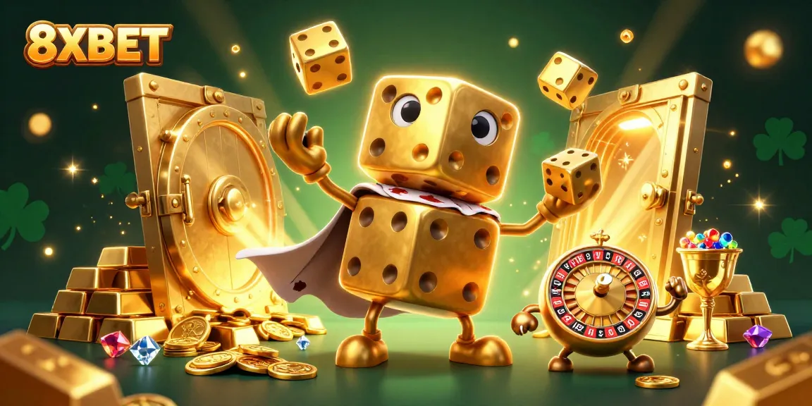 Experience the excitement of 8XBET casino games with vibrant golden dice and treasures