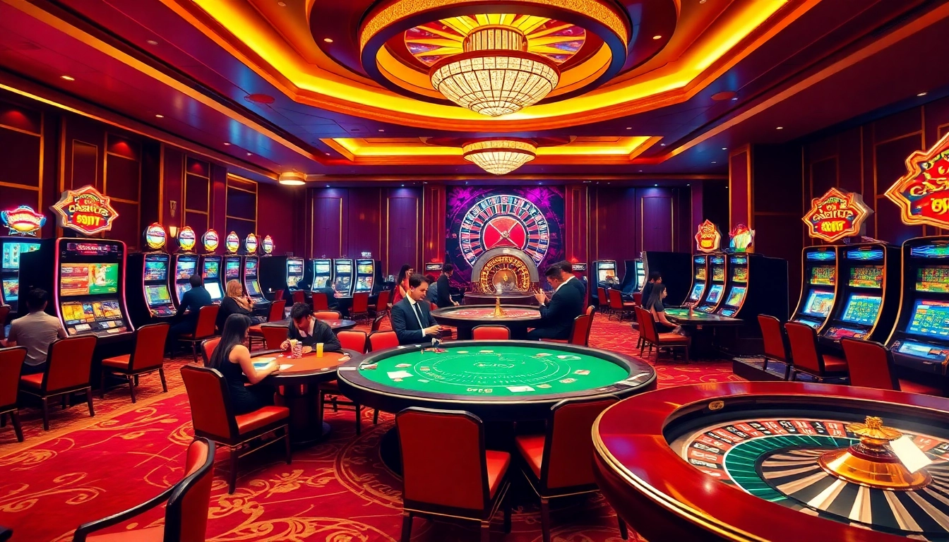 An exciting scene of professional gambling at Nhà Cái DEBET, showcasing elegant poker tables and vibrant slot machines.