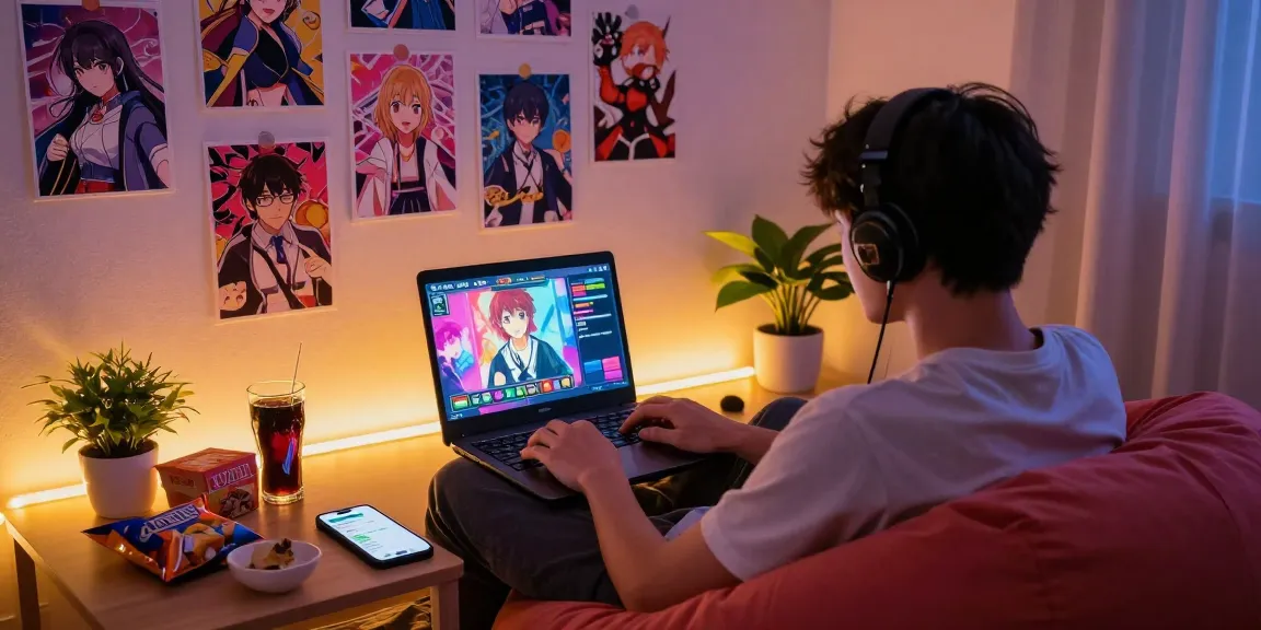 Engaged gamer enjoying degrees of lewdity gameplay in a cozy setting with vibrant decorations and snacks.