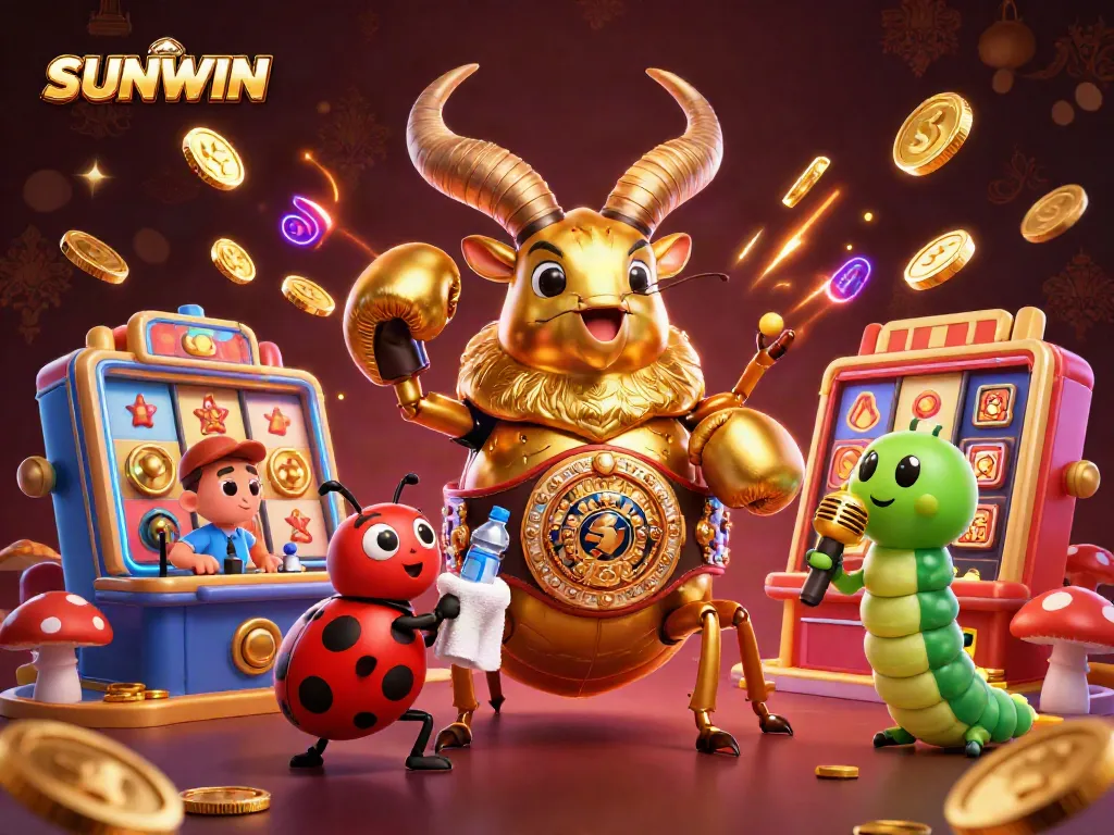 SUNWIN casino scene depicting a giant golden stag beetle boxing champion with vibrant slot machine elements.
