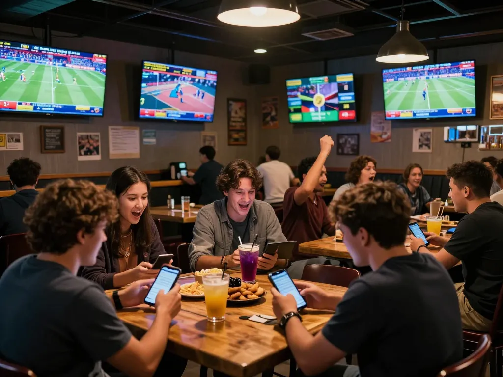 Betting on Bsport app while enjoying exciting sports events in a lively bar atmosphere.