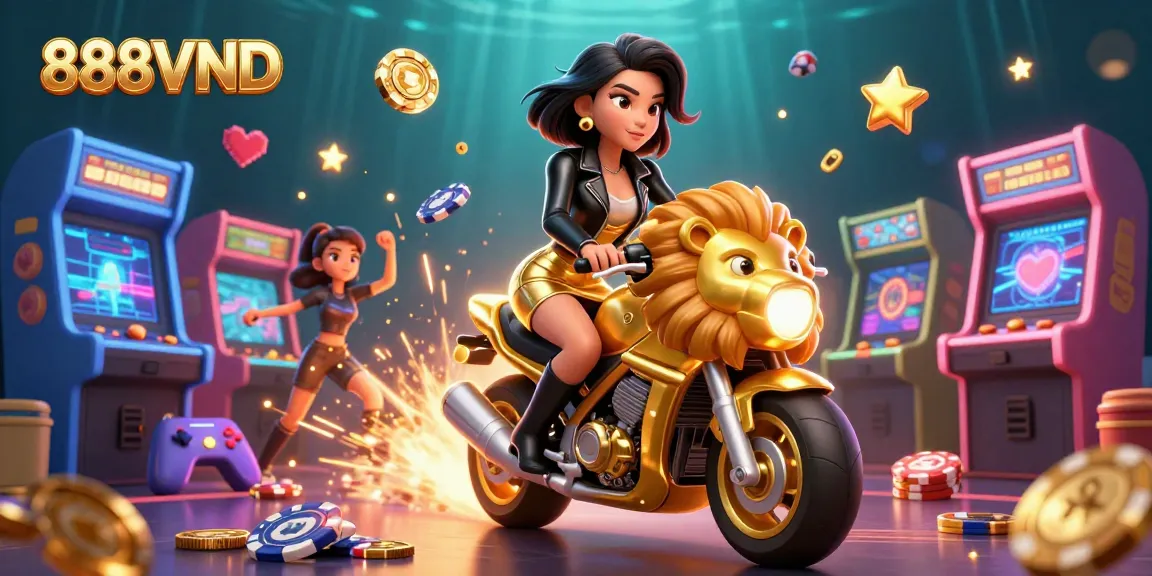 Experience the thrill of 888VND with a glamorous woman on a golden lion, surrounded by exciting casino elements.