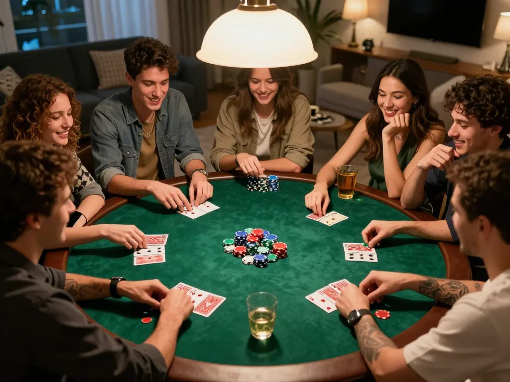 Players enjoying a lively poker game at home with MM88 chips and cards on the table