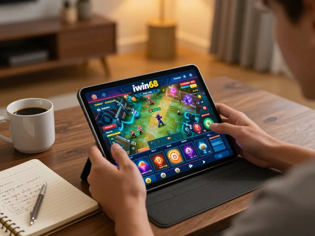 Player engaging in iwin68 online gameplay with tablet showing vibrant casino graphics.