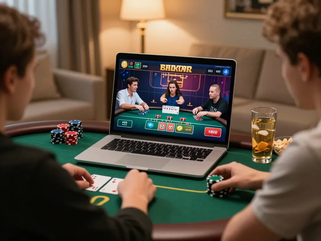 Players strategizing at 789Club poker game on a laptop in a cozy home setting.