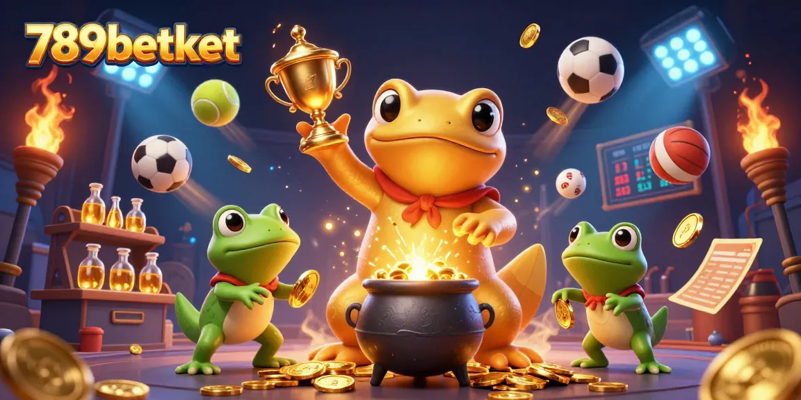 Experience the magic of 789betket with a golden salamander alchemist creating gold coins and sports excitement.