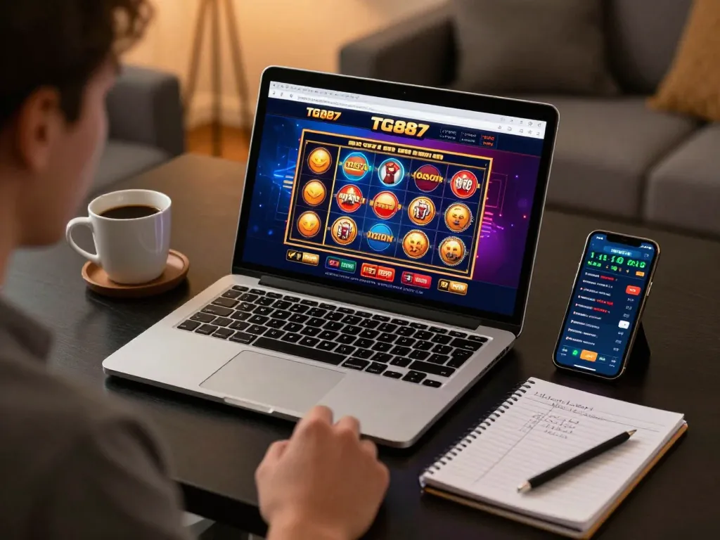 Engaging online gaming session at TG887 with vibrant slots on laptop and real-time betting statistics.