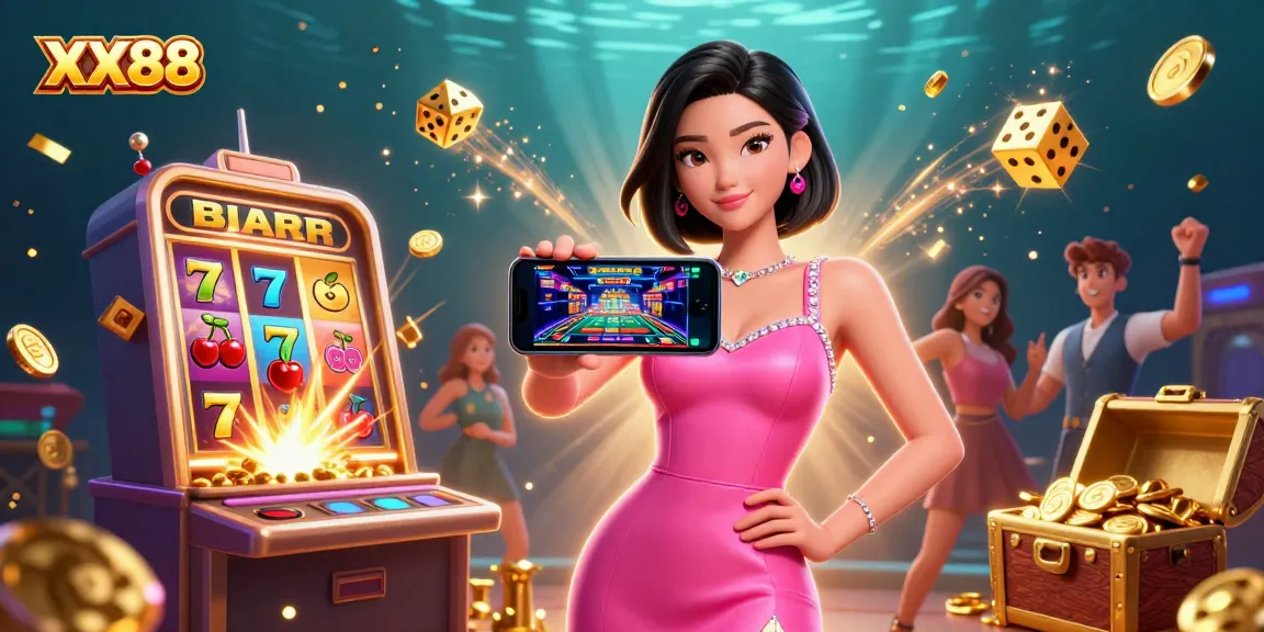 Experience the excitement of XX88 with a stunning mobile casino scene showcasing games and jackpots.