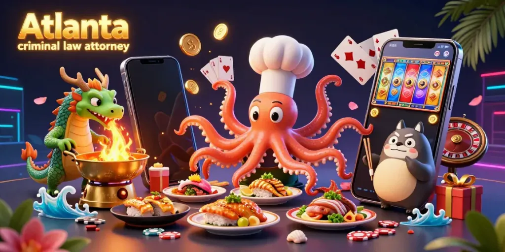 Engaging scene with a vibrant octopus sushi chef illustrating expertise, promoting Atlanta criminal law attorney services.
