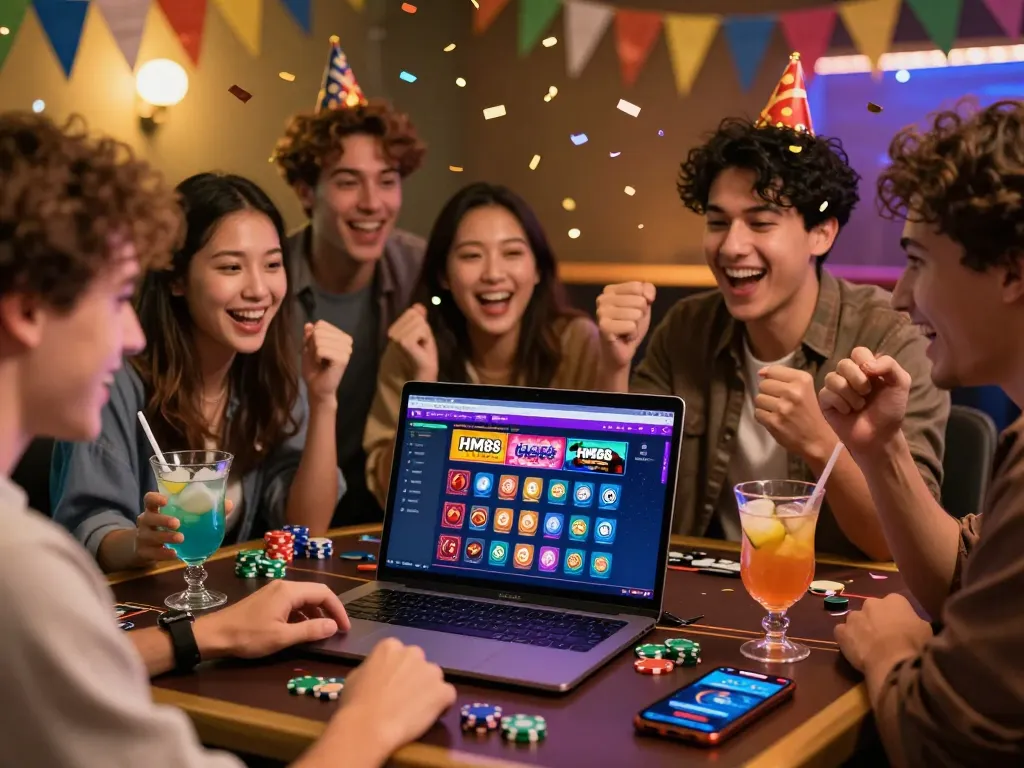 Friends enjoying online gaming at HM88 platform with vibrant atmosphere, celebration elements.