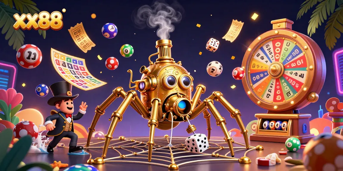 Experience dynamic gameplay at xx88 with golden casino elements, colorful lottery balls, and an engaging spider character.