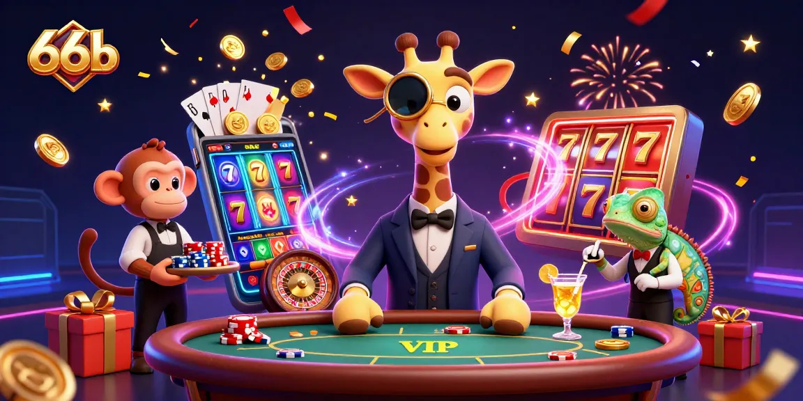 Engage with 66b's thrilling slot games in this lively casino scene featuring a high-roller giraffe.