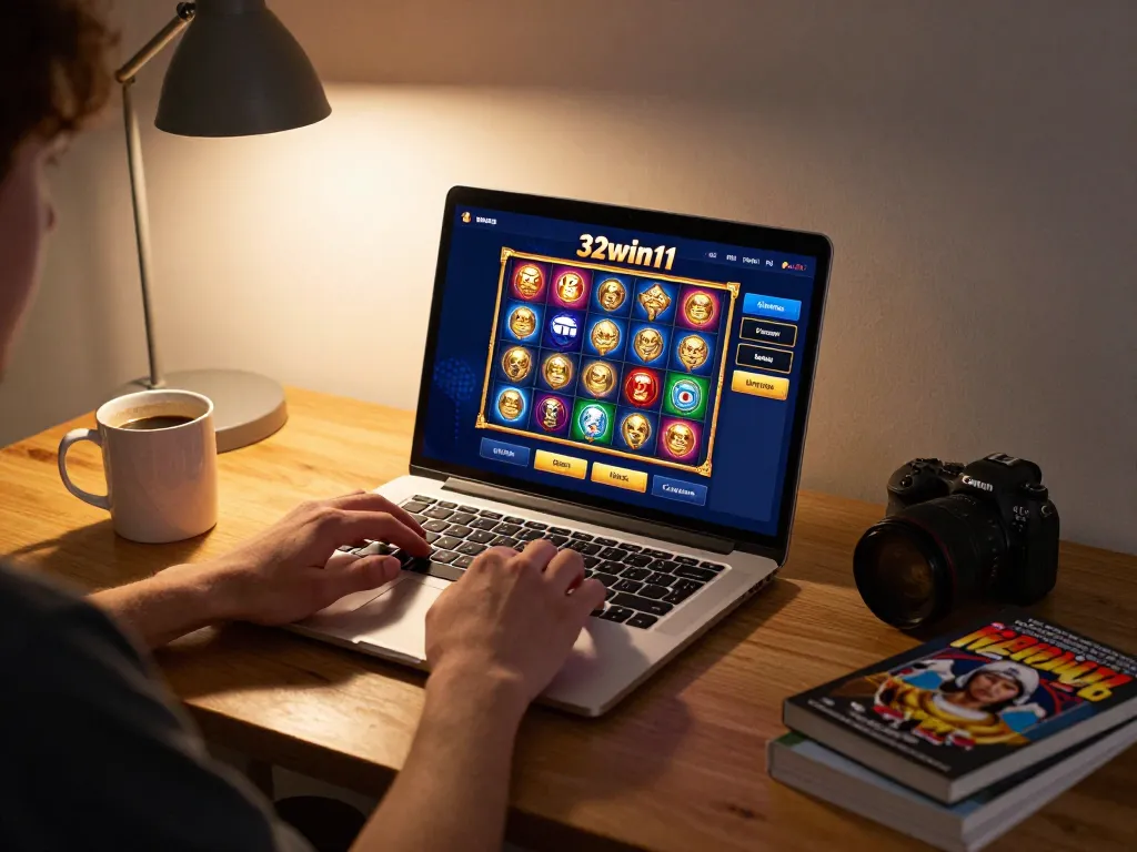Engaging in online gaming with 32win11 interface on laptop, showcasing a cozy and strategic environment.