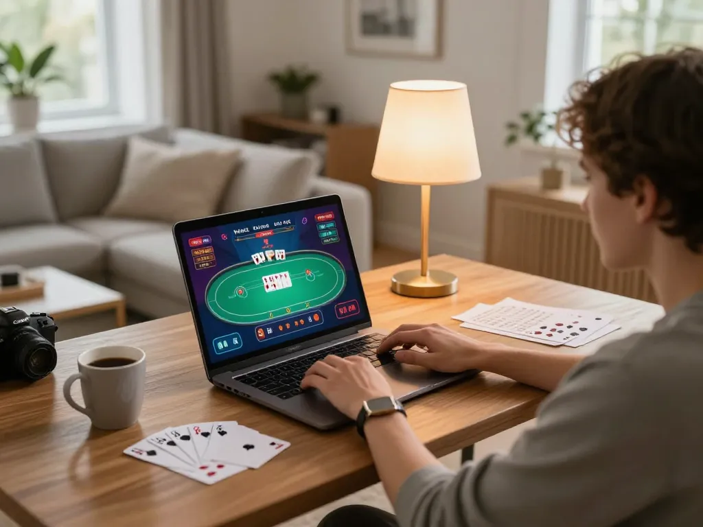 Engaging online poker game on xx88.day, featuring laptop and strategic notes in cozy home setup.