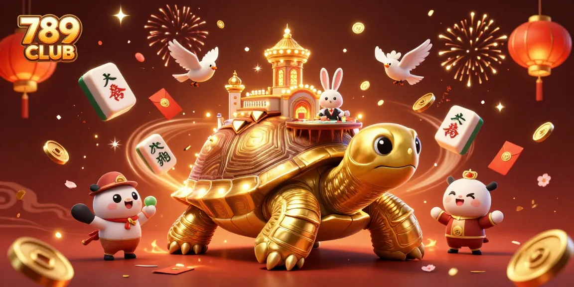 Immerse in 789 CLUB's vibrant casino scene with a golden tortoise and celebrating characters.