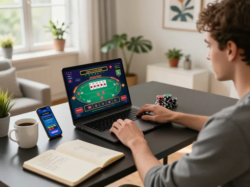 Player enjoying an exciting online poker game on fly88 with strategy notes nearby