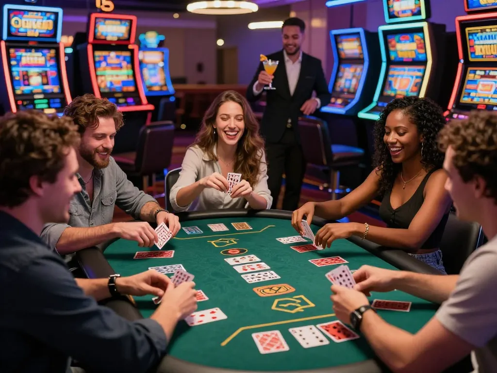 Gem88 casino scene with friends engaging in card games amidst vibrant gaming atmosphere.