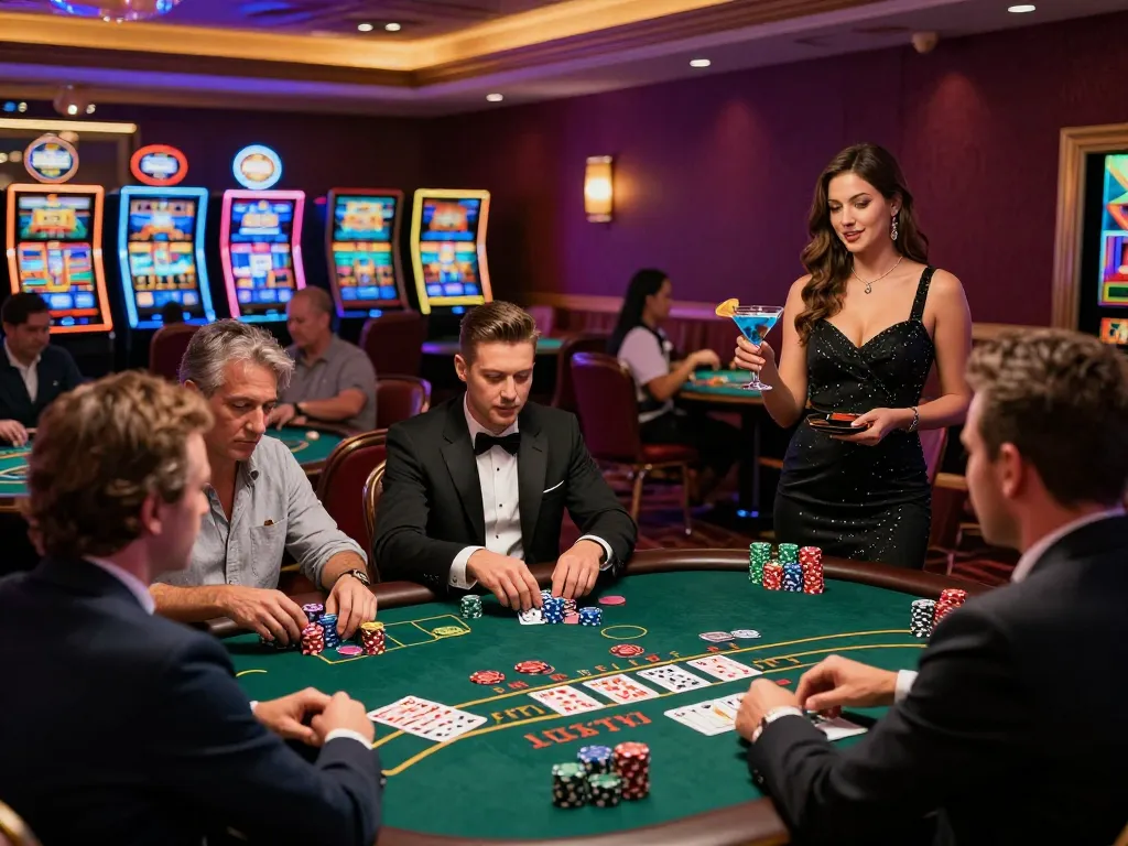 Players engaged in high-stakes blackjack at a lush table in a vibrant TX88 casino