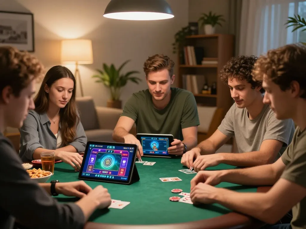 Friends playing poker on https://www.atqvn.com/ from home, sharing strategies and enjoying snacks.