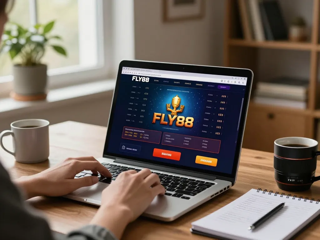 Engaging FLY88 online gaming session at home with betting strategies, warm ambient light
