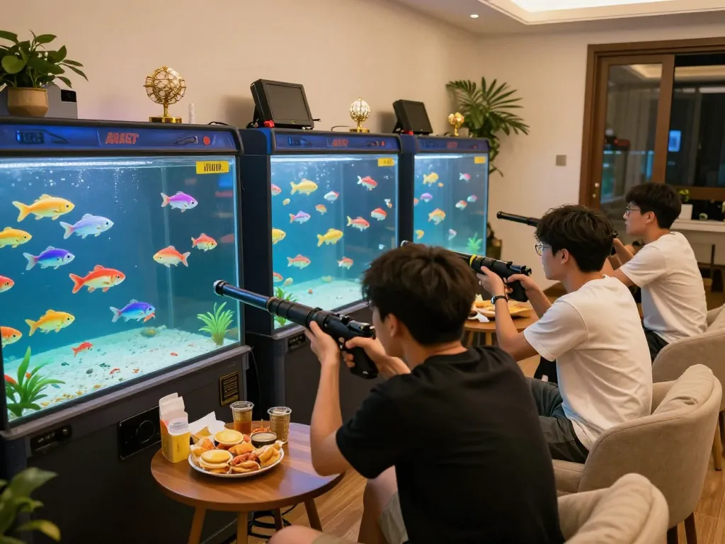 Bắn cá đổi thưởng game shows players strategizing and enjoying vibrant gameplay in a cozy home environment.