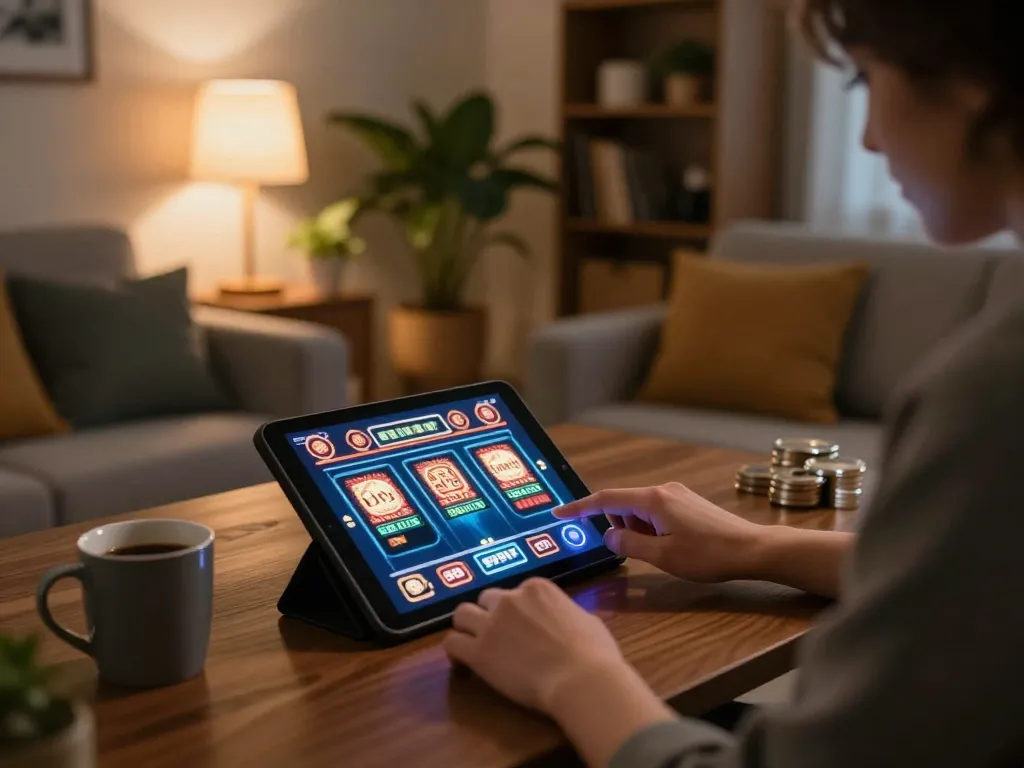 Engaged player at nhà cái lv88 enjoying slot machines on a tablet in a cozy home setting