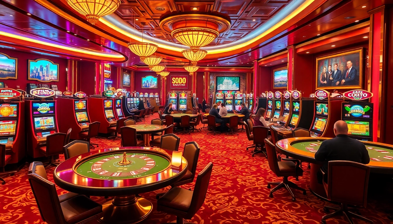 SODO casino scene depicting players reveling at a poker table with roulette wheels, embodying excitement and luxury.