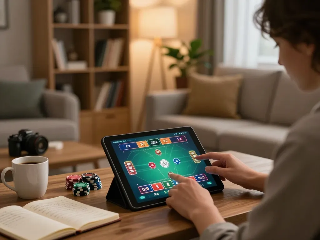 nk88 nhà cái user placing bets at their home gaming setup with tablet and notes visible