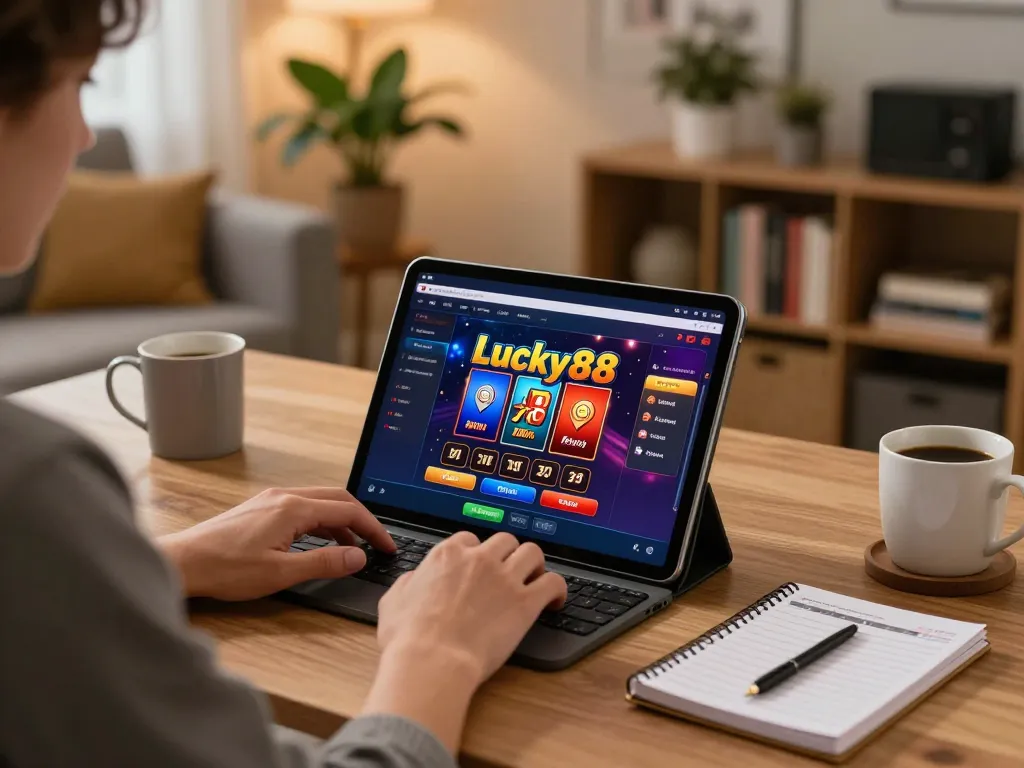 Engaged player enjoying the lucky88 casino experience on a tablet at home with a cozy atmosphere