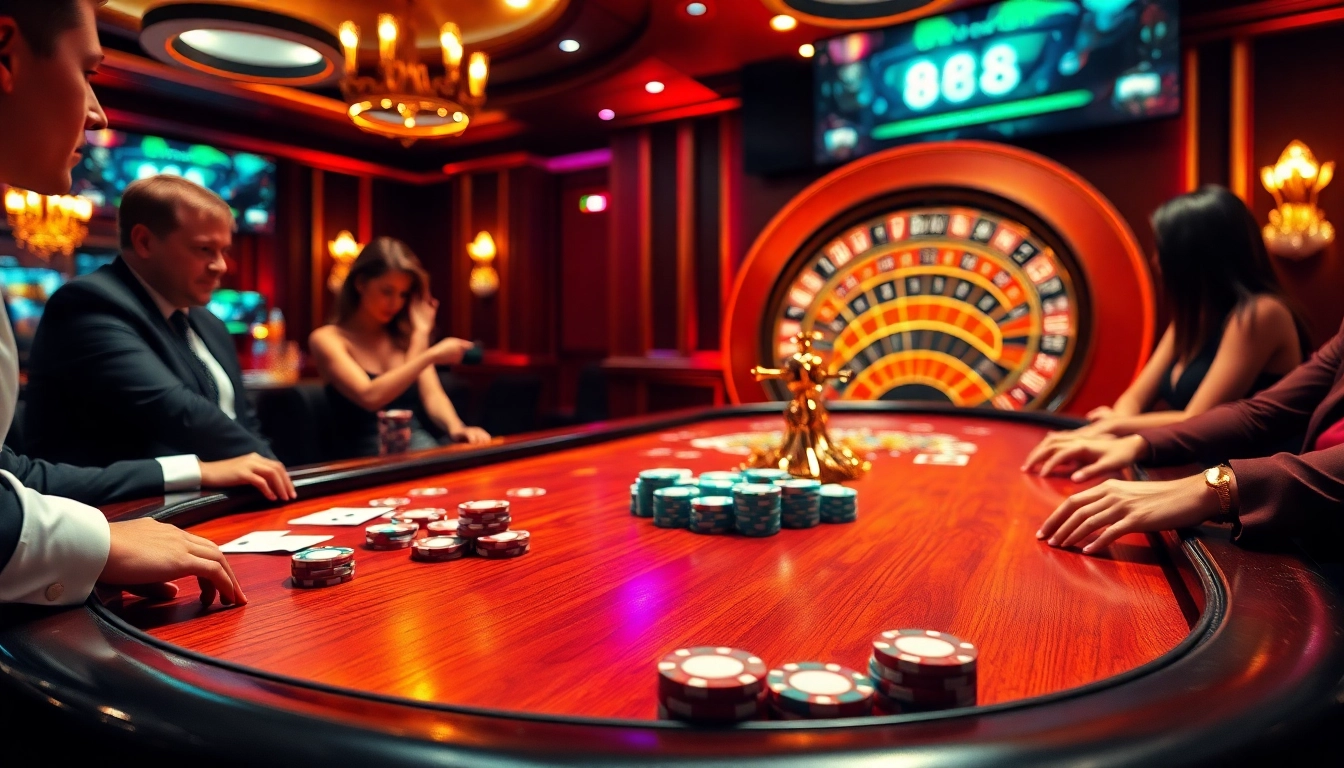 Experience thrilling gameplay at ww88 with players enjoying a high-stakes poker game in an elegant casino atmosphere.