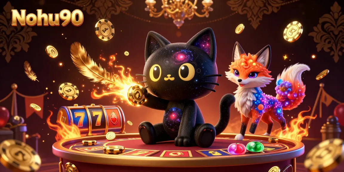 Nohu90 captivates players with a vibrant 3D casino scene featuring golden chips and dynamic slot reels.