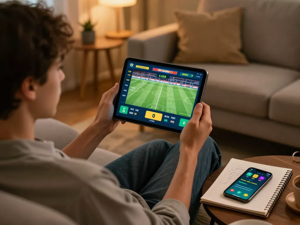 Nowgoal user placing bets on online sports in a cozy living room with strategic notes visible.