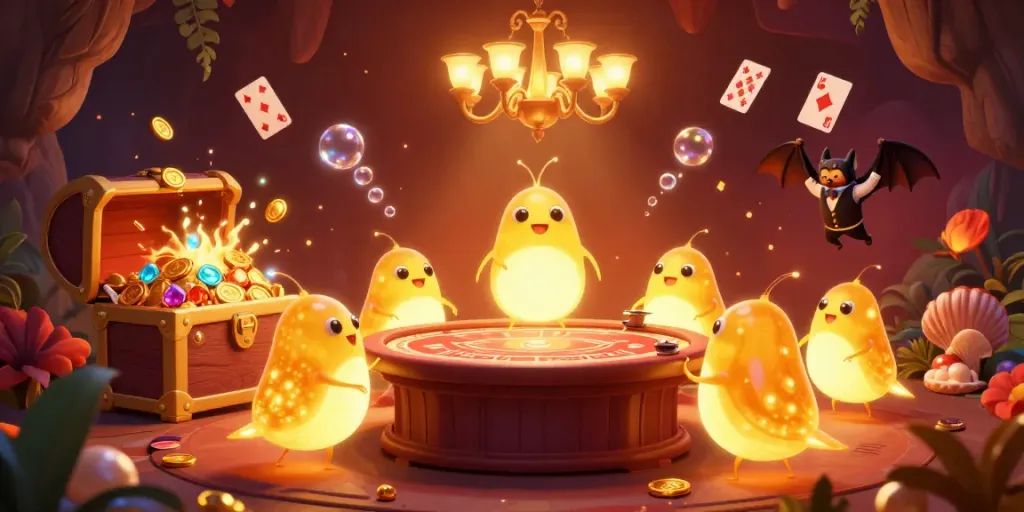 Experience the vibrant glow of 8kbet with animated glowworms illuminating a casino scene filled with treasure and games.