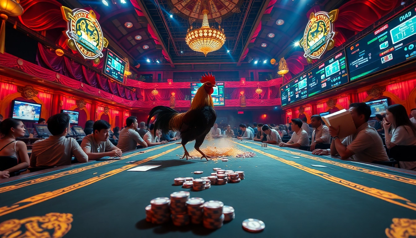 Watch thrilling ĐÁ GÀ CỰA DAO matches in a luxurious gambling arena filled with excitement.