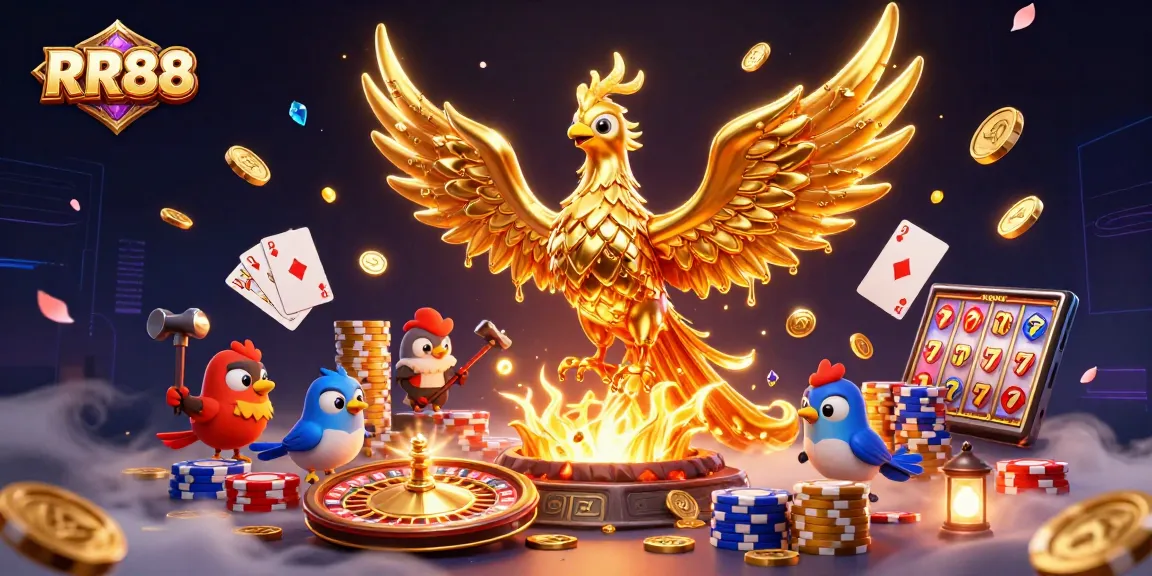 Experience the excitement of RR88 with a dynamic 3D casino illustration featuring slot machines, colorful poker chips, and a captivating golden phoenix.