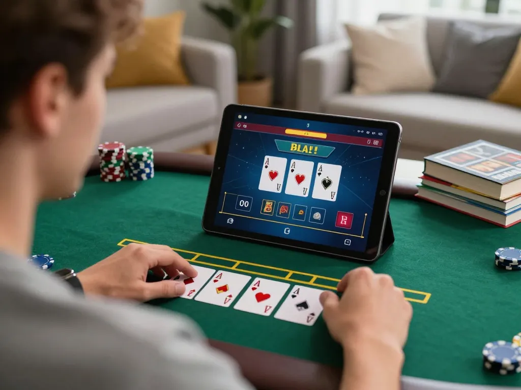 Player strategizing in live dealer blackjack game on LV88 tablet with cozy ambiance.
