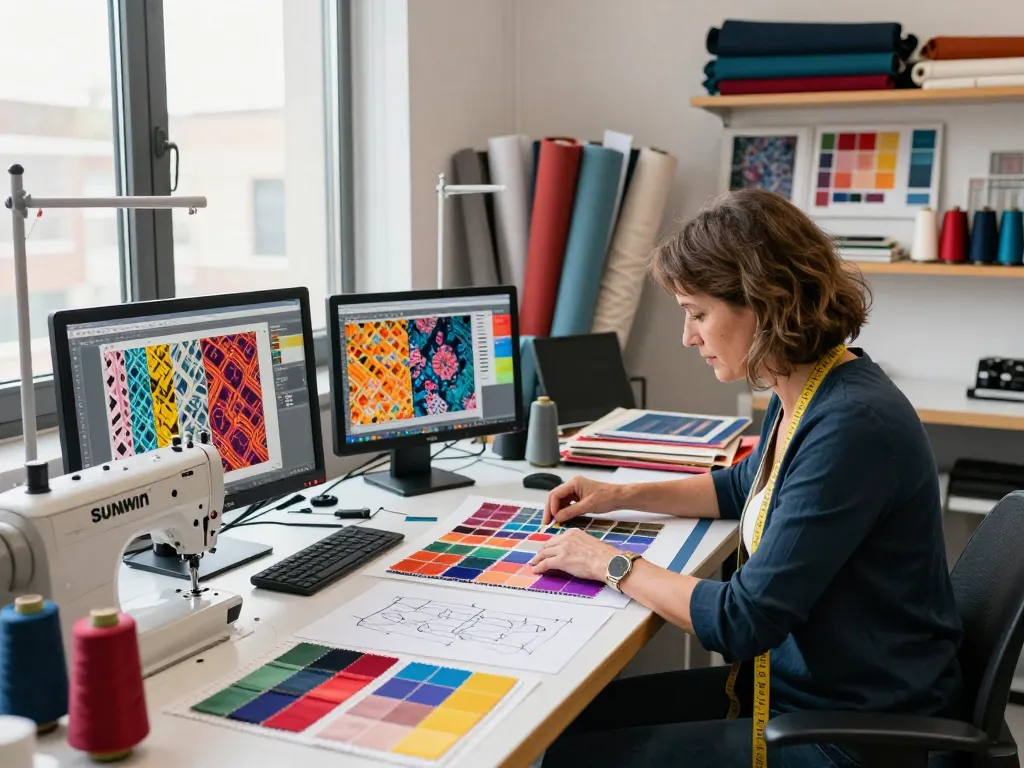 Sunwin textile designer creating innovative fashion pieces in a vibrant studio.