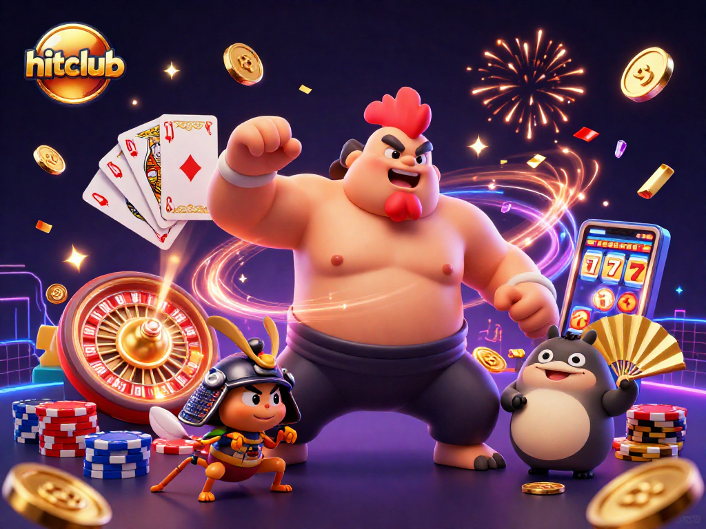 Hitclub's thrilling casino scene features a powerful rooster and fierce cricket in action.