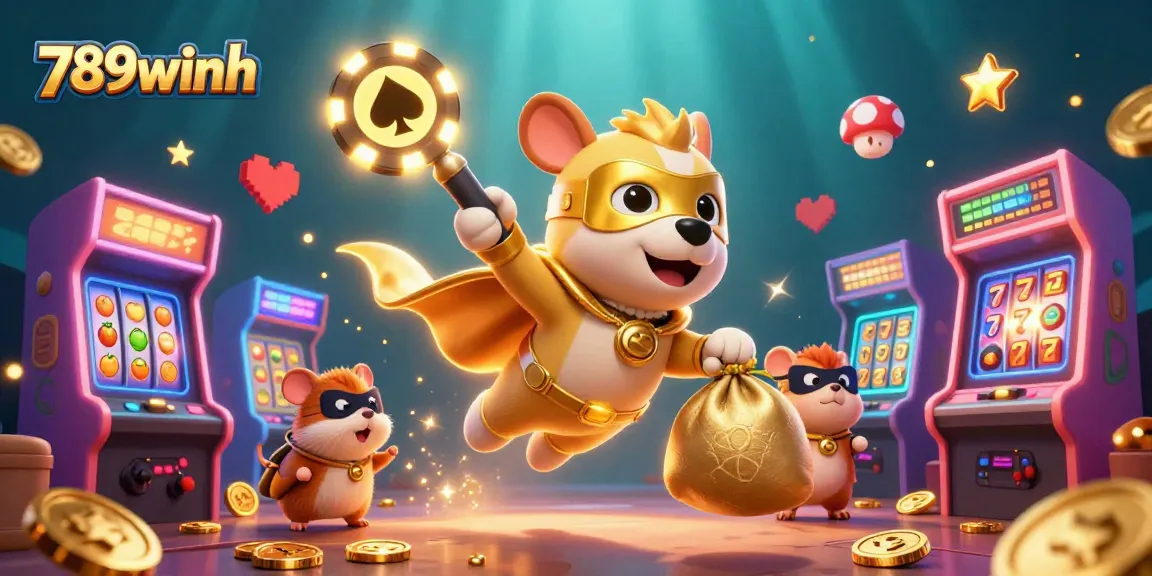 Win big with 789winh as a superhero dog flies through a vibrant 3D casino world.
