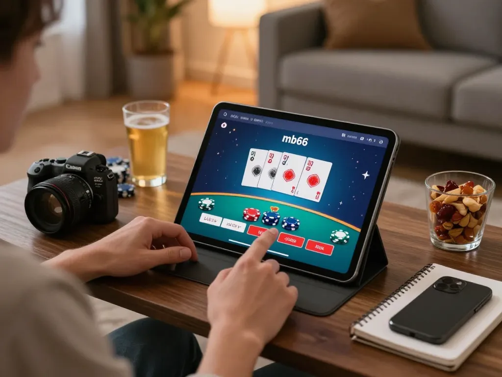 Player engaging with link mb66 on tablet for live blackjack in cozy gaming setup