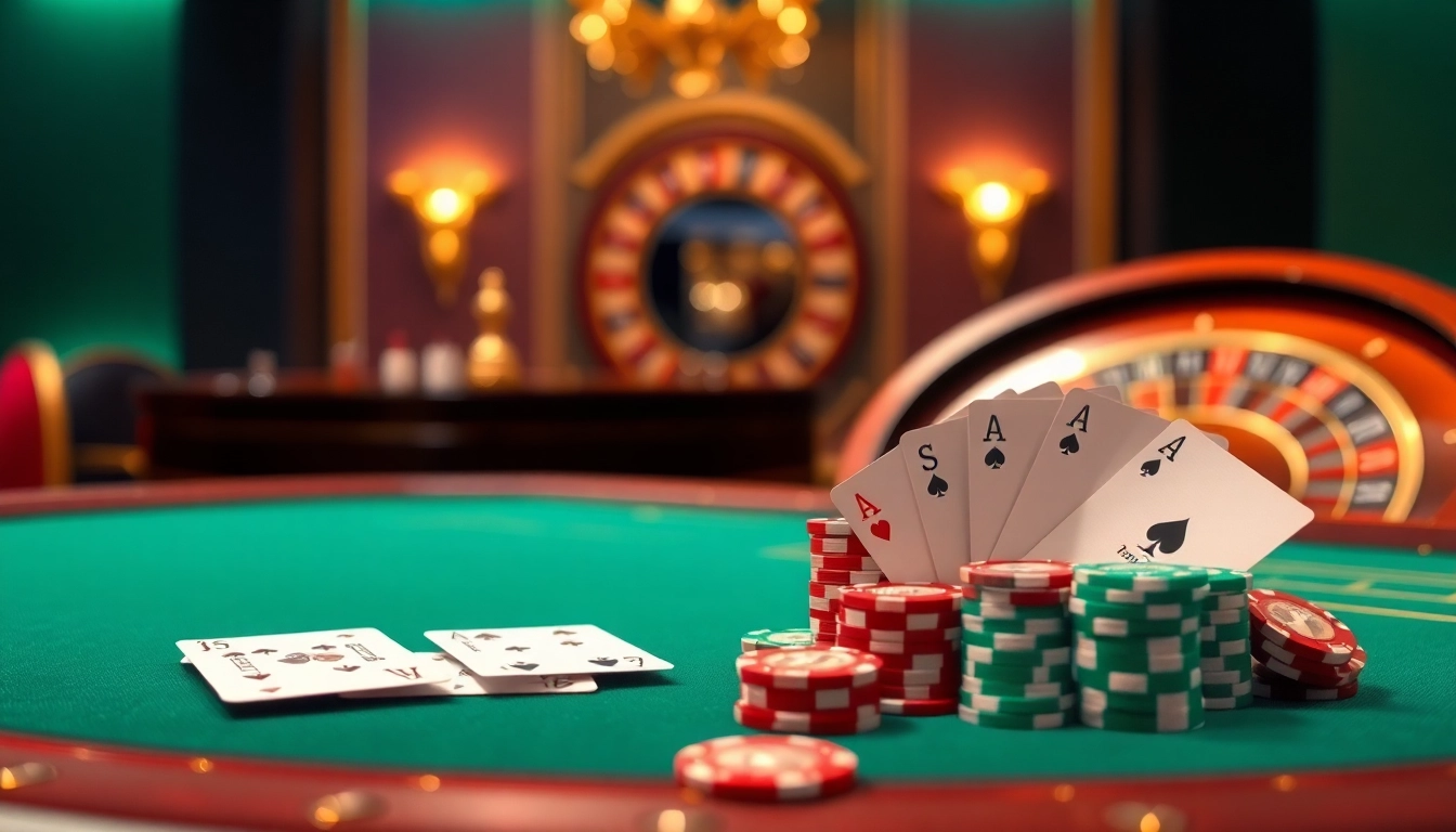 Experience the thrill of gambling at https://hm88.blue/ with a luxurious poker scene showcasing high-stakes cards and vibrant chips.