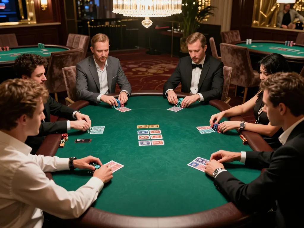 Players engaging in high-stakes poker game showcasing strategies at a luxury table, sc88bn.