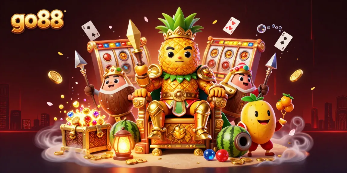 Experience the thrill of go88 with vibrant casino adventures featuring a golden pineapple king and slot games.