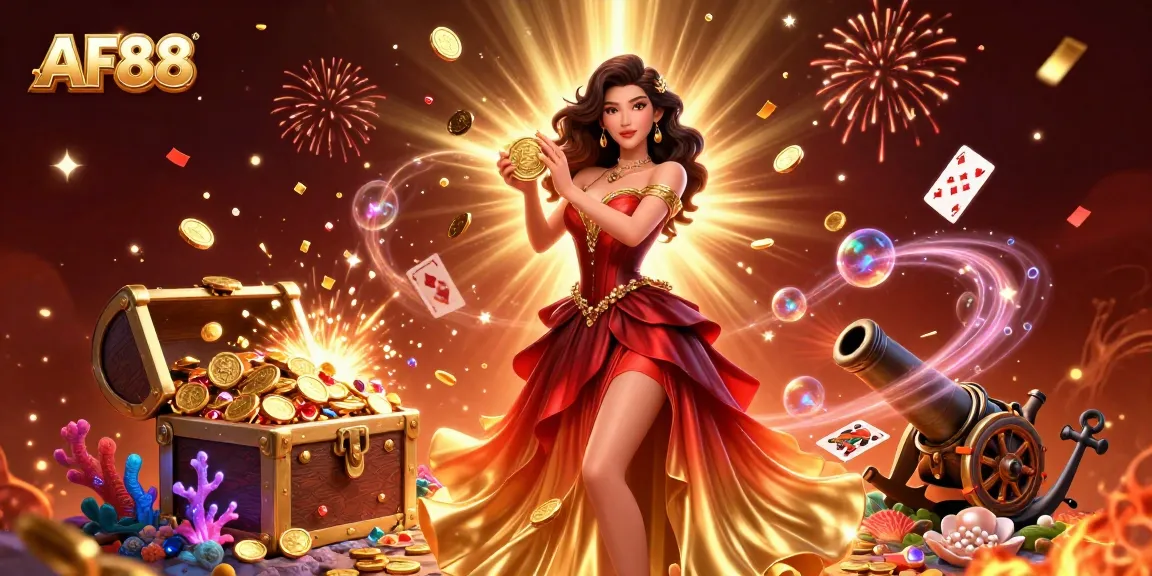AF88 casino promotional illustration capturing excitement with a stunning Asian woman holding a golden coin amid dynamic gaming elements.