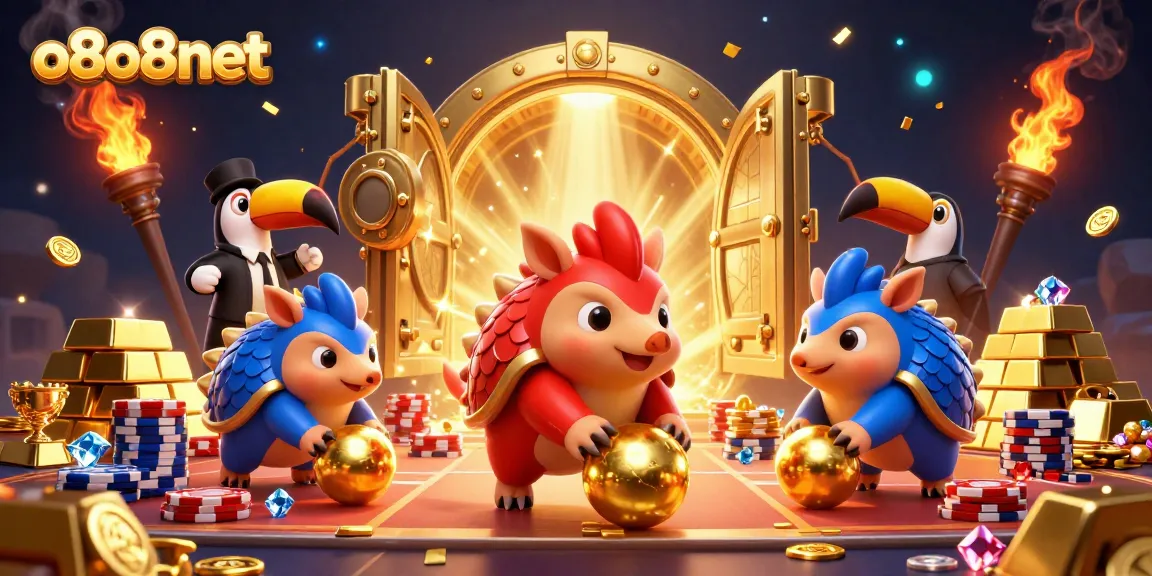 Enjoy thrilling fun at o8o8net with dynamic pangolins bowling through poker chips in a vibrant casino scene.