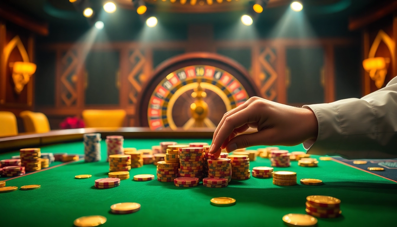 Engaging casino experience at OKFUN featuring vibrant poker chips and a spinning roulette wheel.
