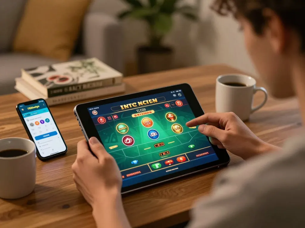 Engaged player using the 789betgo app on a tablet in a cozy home setting for online gambling.