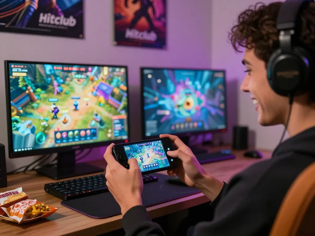 Exciting gaming experience at Hitclub with a player enjoying mobile gaming in a cozy setup.